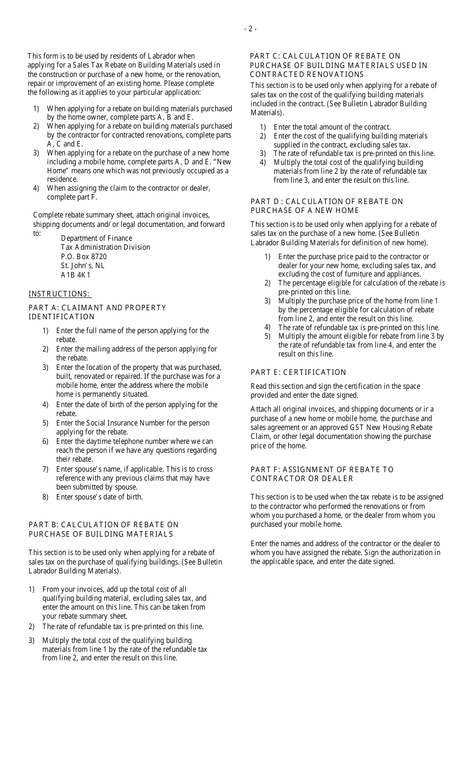 Application for a Sales Tax Rebate on Building Materials for Homes in Labrador - Newfoundland and Labrador, Canada, Page 2