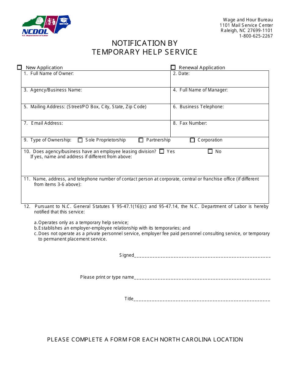 Notification by Temporary Help Service - North Carolina, Page 1