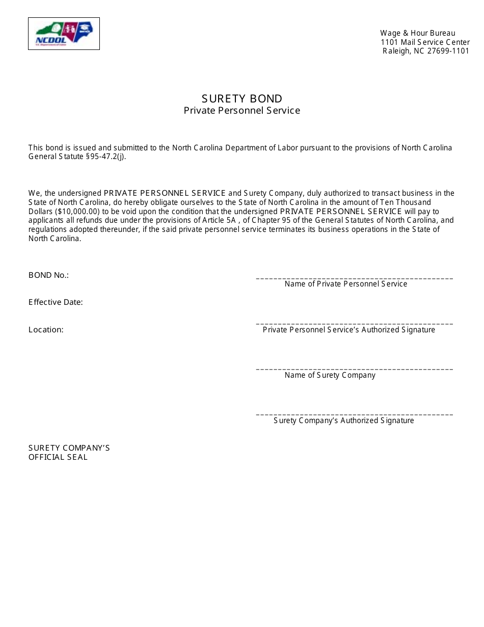 North Carolina Surety Bond Private Personnel Service Fill Out, Sign