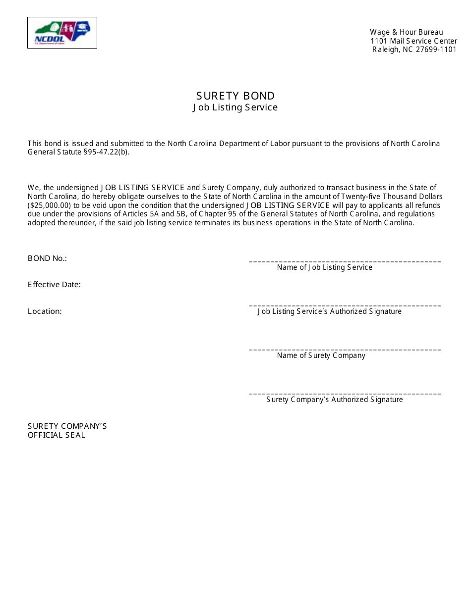 North Carolina Surety Bond Job Listing Service Fill Out, Sign Online