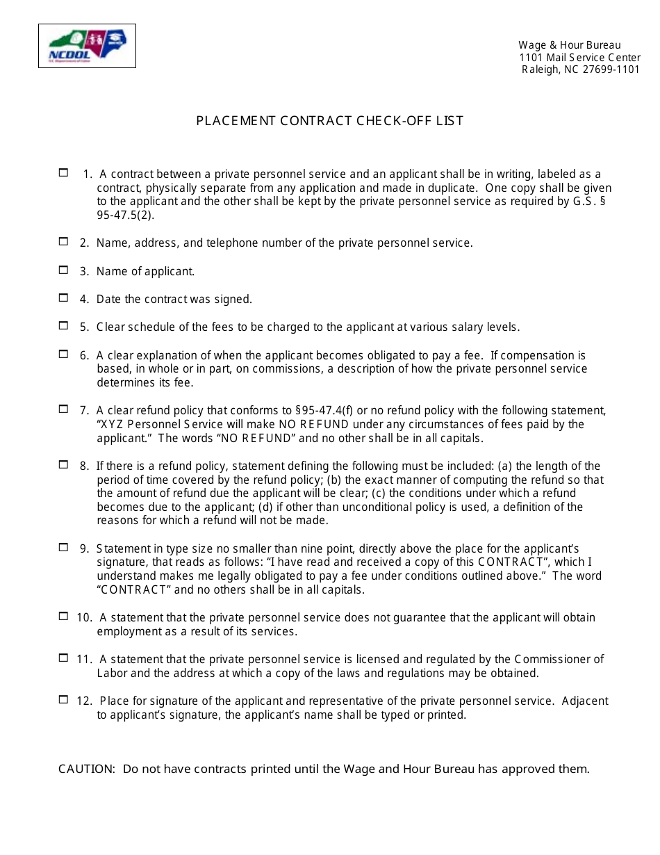 Placement Contract Check-Off List - North Carolina, Page 1