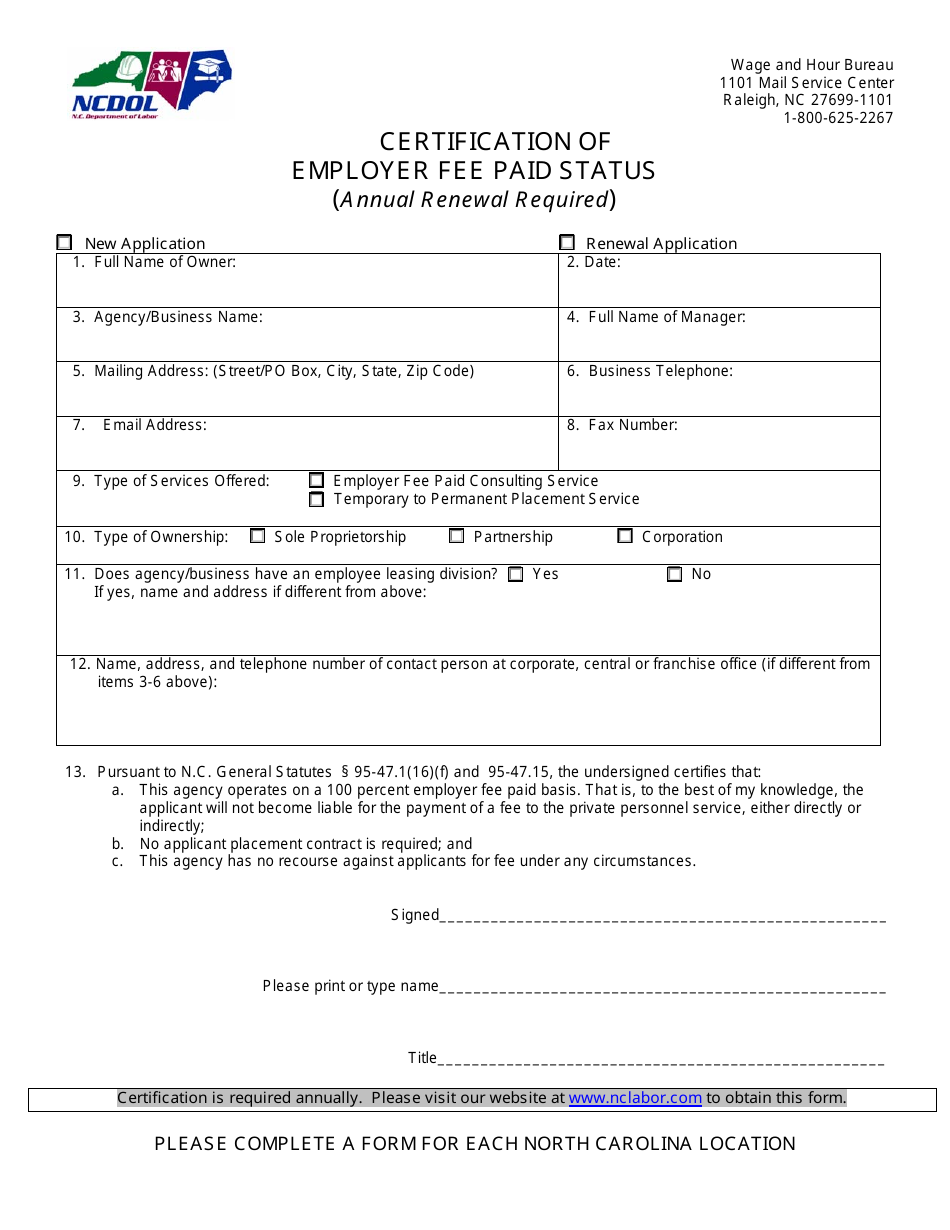 Certification of Employer Fee Paid Status - North Carolina, Page 1