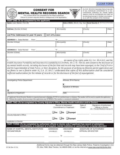 Form S.P.66 Consent for Mental Health Records Search - New Jersey