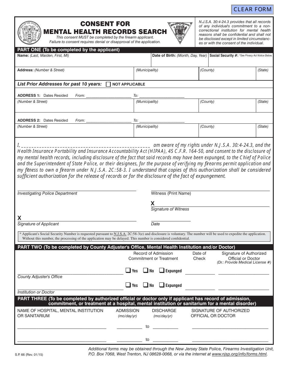 Form S.P.66 Consent for Mental Health Records Search - New Jersey, Page 1