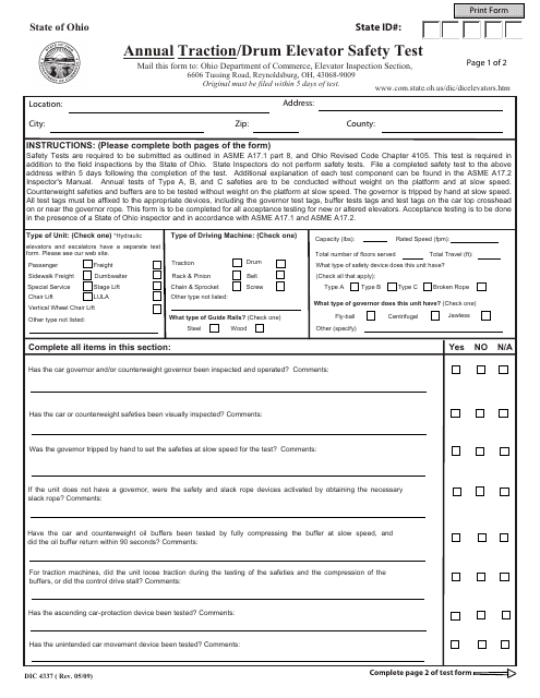 Form DIC4337 Annual Traction/Drum Elevator Safety Test - Ohio