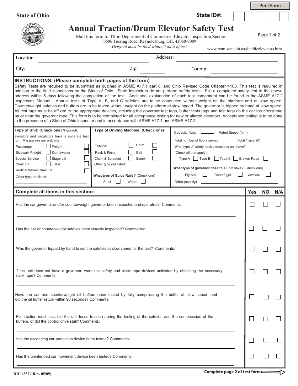 Form DIC4337 Annual Traction / Drum Elevator Safety Test - Ohio, Page 1