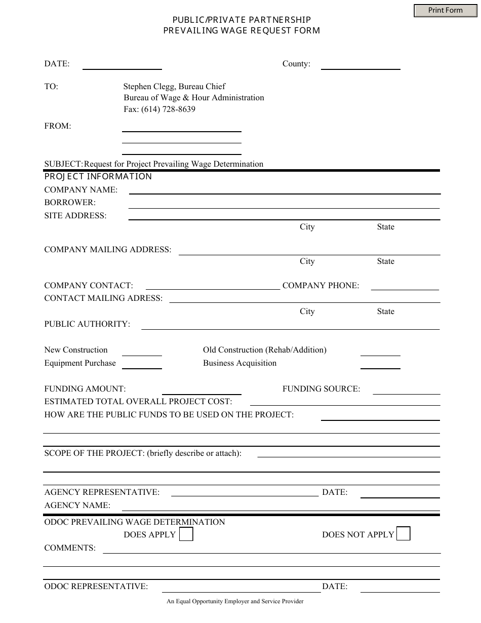 Public / Private Partnership Prevailing Wage Request Form - Ohio, Page 1