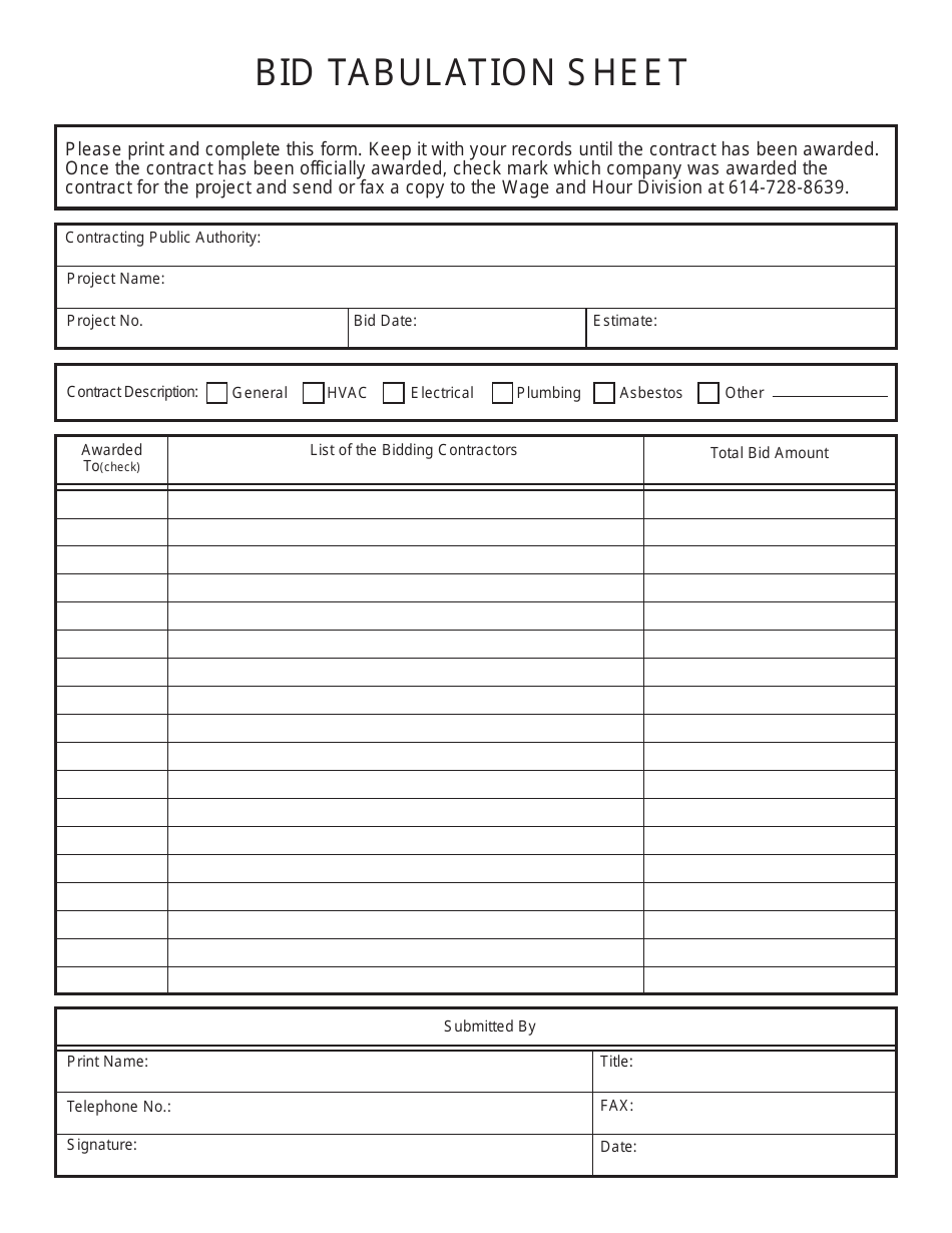Ohio Bid Tabulation Sheet Fill Out, Sign Online and Download PDF