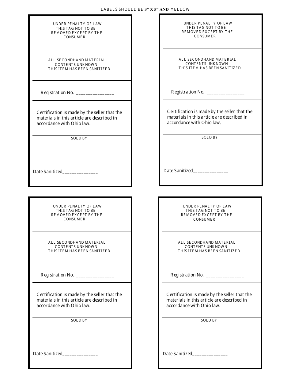 Secondhand Law Label Template - Ohio, Page 1