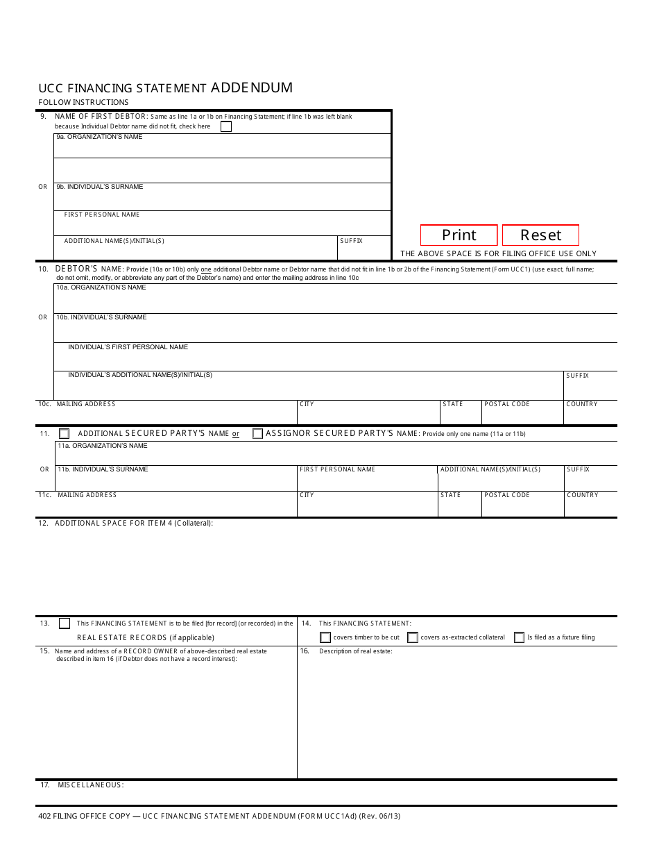 Form UCC1AD Ucc Financing Statement Addendum - Oregon, Page 1