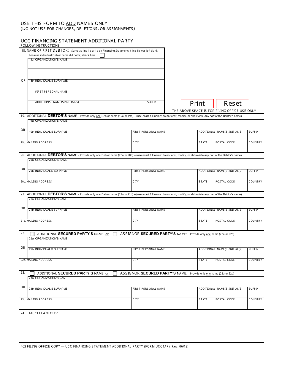 Form UCC1AP Ucc Financing Statement Additional Party - Oregon, Page 1