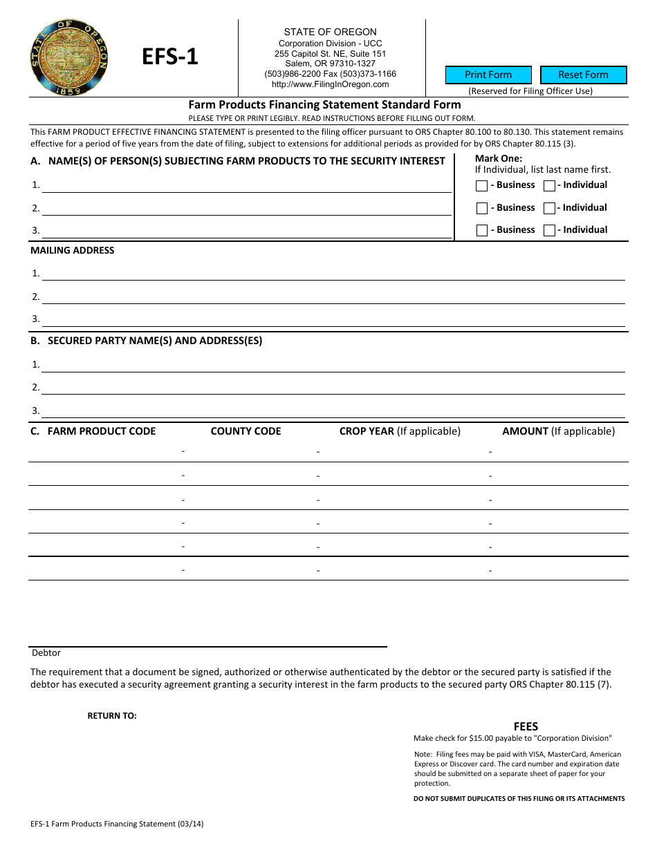 Form EFS-1 Farm Products Financing Statement Standard Form - Oregon, Page 1