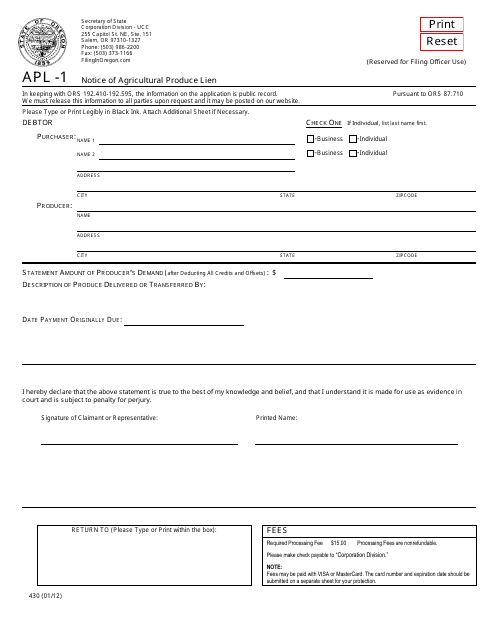 Form APL-1 (430) Notice of Agricultural Produce Lien - Oregon