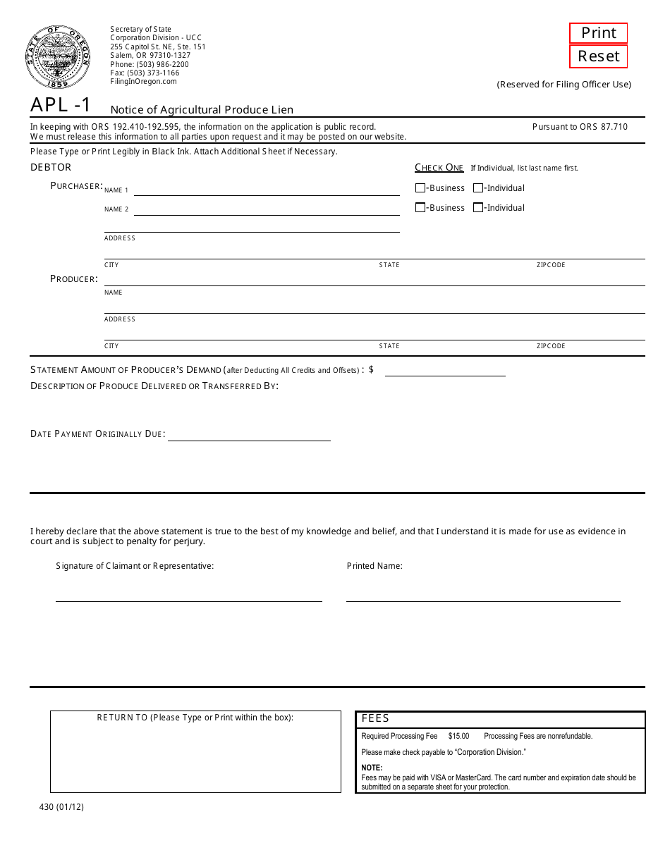 Form APL-1 (430) Notice of Agricultural Produce Lien - Oregon, Page 1