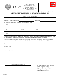 Form APL-2 (431) &quot;Certificate of Satisfaction of Agricultural Produce Lien&quot; - Oregon