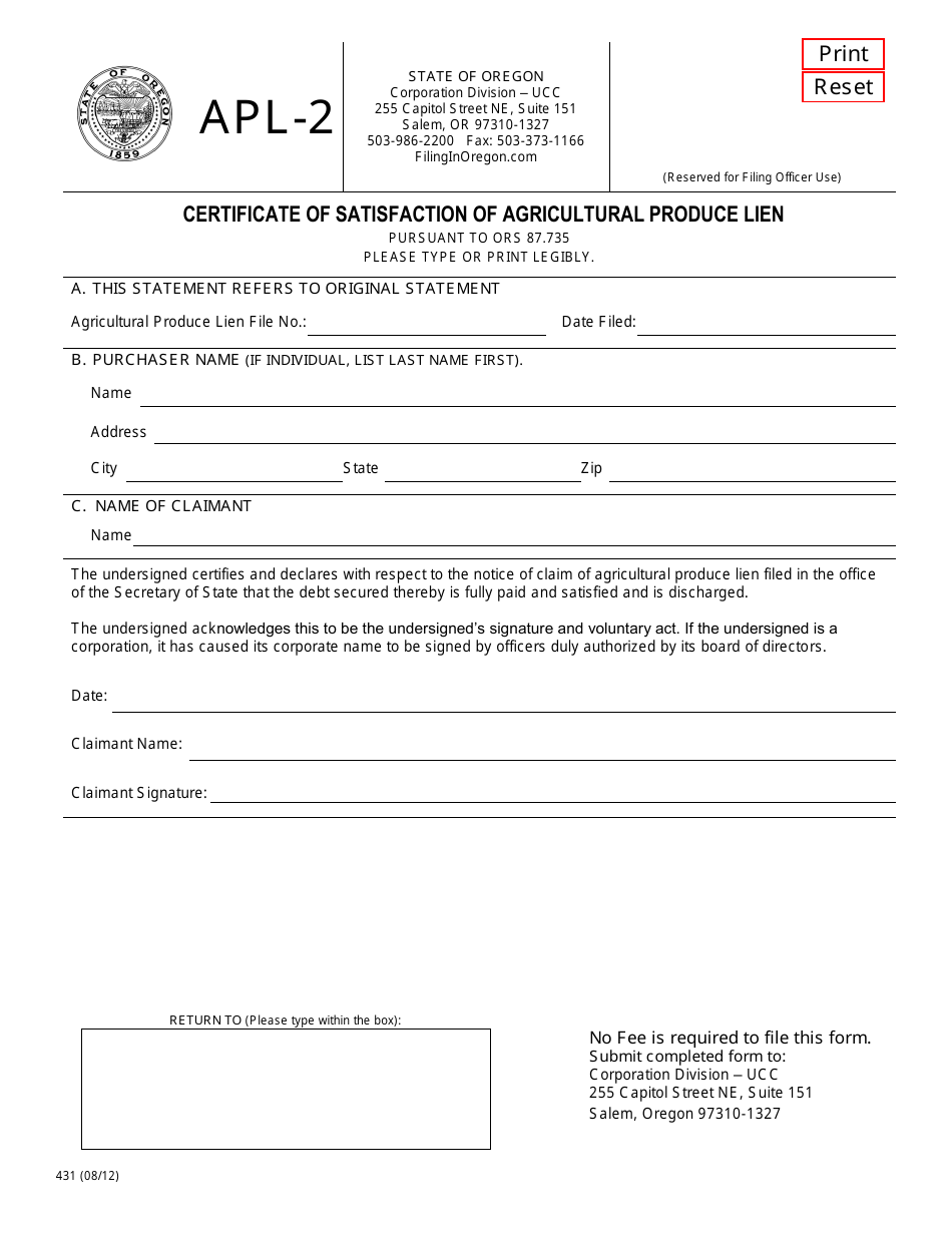 Form APL-2 (431) Certificate of Satisfaction of Agricultural Produce Lien - Oregon, Page 1