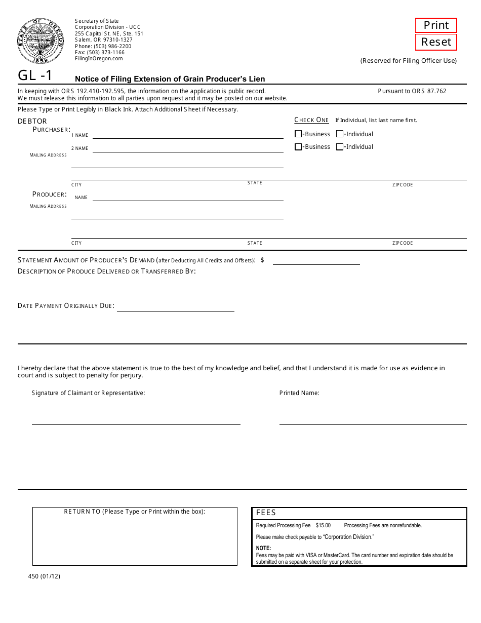 Form GL-1 (450) Notice of Filing Extension of Grain Producers Lien - Oregon, Page 1