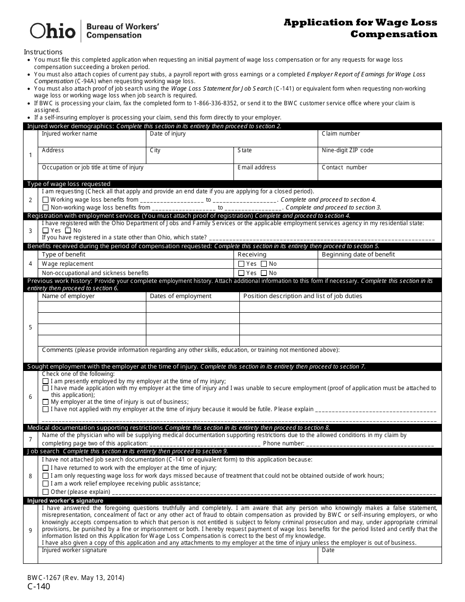 Form C-140 (BWC-1267) Initial Application for Wage Loss Compensation - Ohio, Page 1
