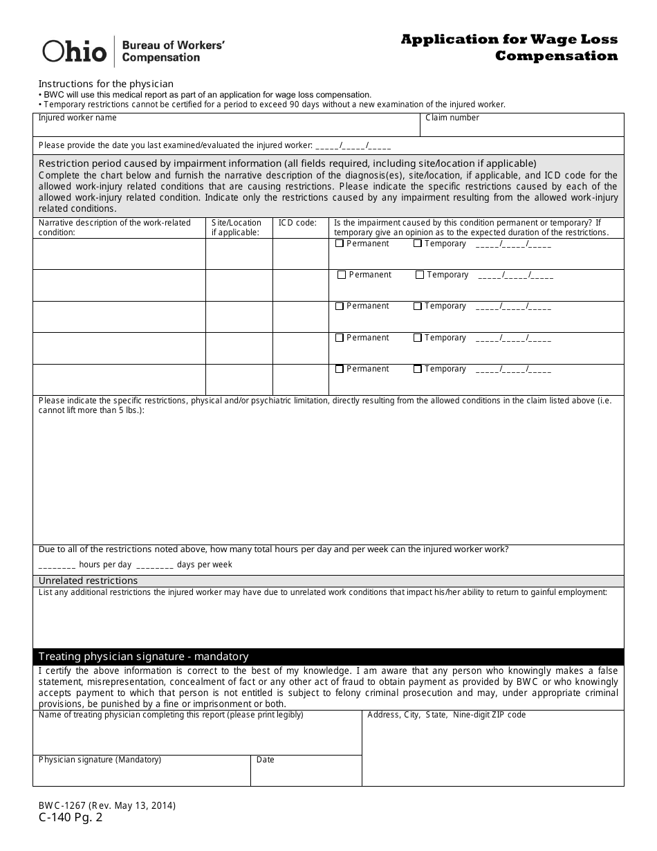 Form C-140 (BWC-1267) Initial Application for Wage Loss Compensation - Ohio, Page 2