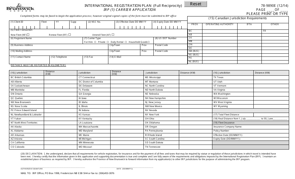 Form 78-9890E International Registration Plan - Carrier Application - New Brunswick, Canada, Page 1