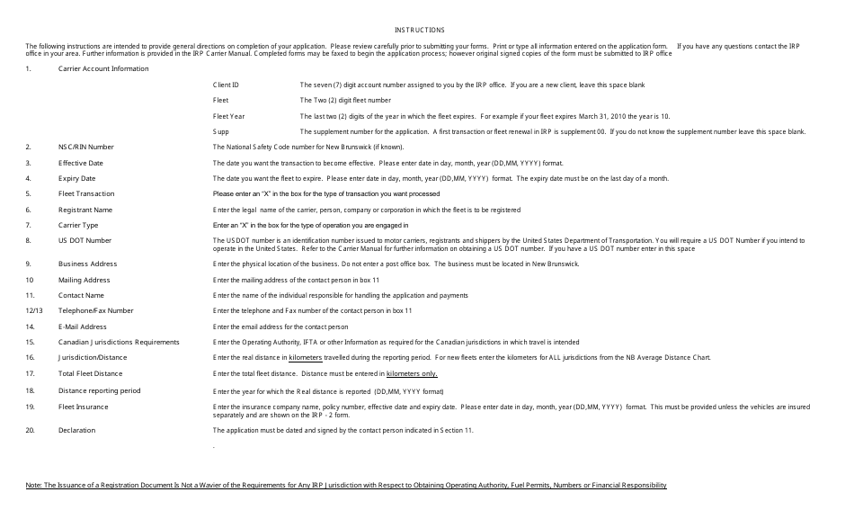 Form 78-9890E International Registration Plan - Carrier Application - New Brunswick, Canada, Page 2