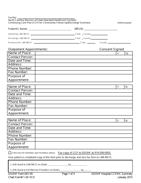 DSOHF Form 001-09 Continuing Care Plan/Discharge Summary - North Carolina
