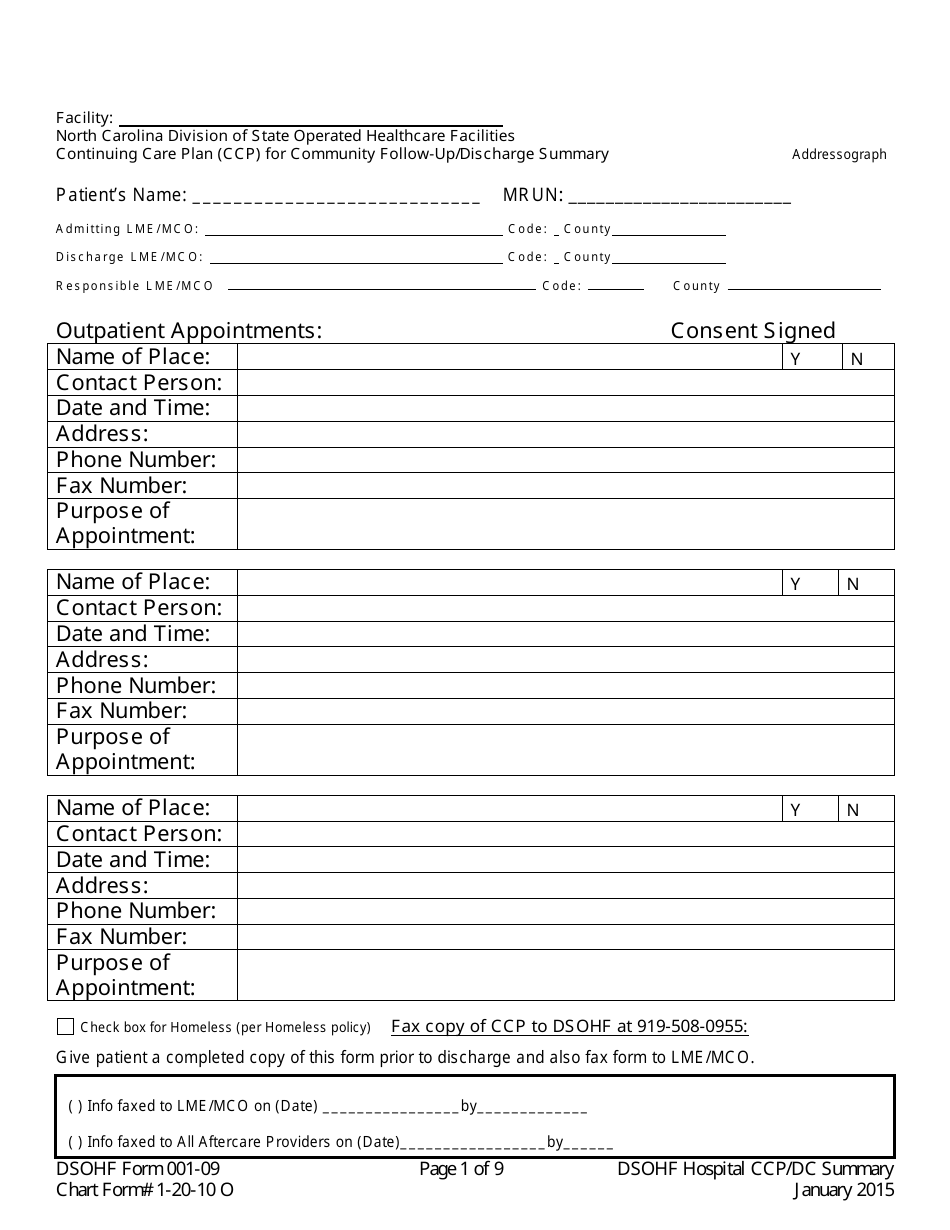 DSOHF Form 001-09 Continuing Care Plan / Discharge Summary - North Carolina, Page 1