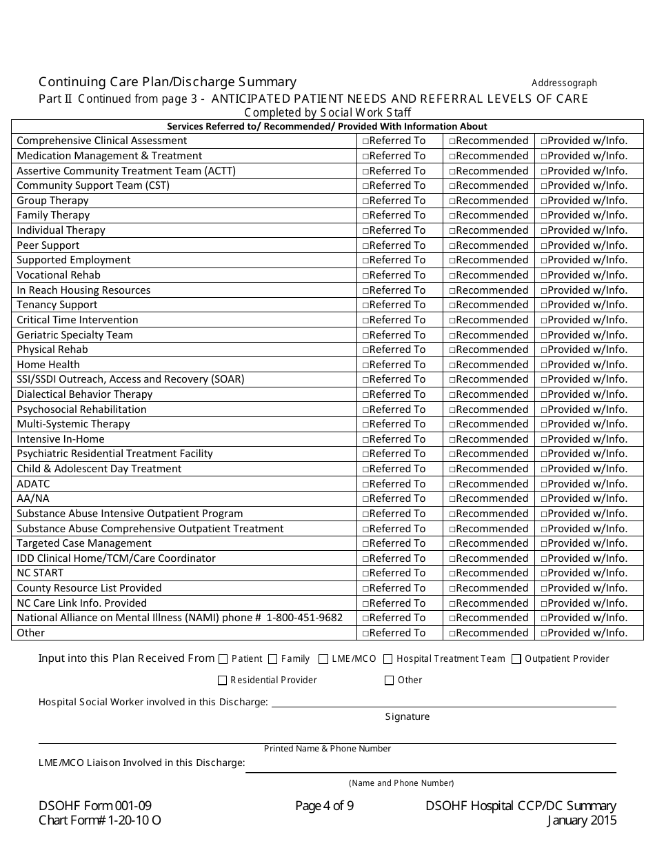 DSOHF Form 001-09 Continuing Care Plan / Discharge Summary - North Carolina, Page 4