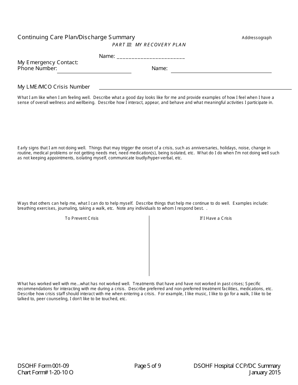DSOHF Form 001-09 Continuing Care Plan / Discharge Summary - North Carolina, Page 5