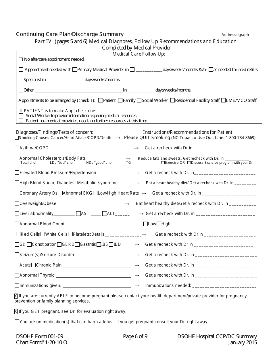 DSOHF Form 001-09 Continuing Care Plan / Discharge Summary - North Carolina, Page 6
