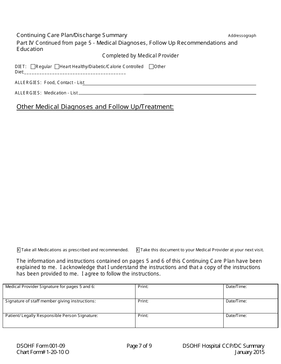 DSOHF Form 001-09 Continuing Care Plan / Discharge Summary - North Carolina, Page 7