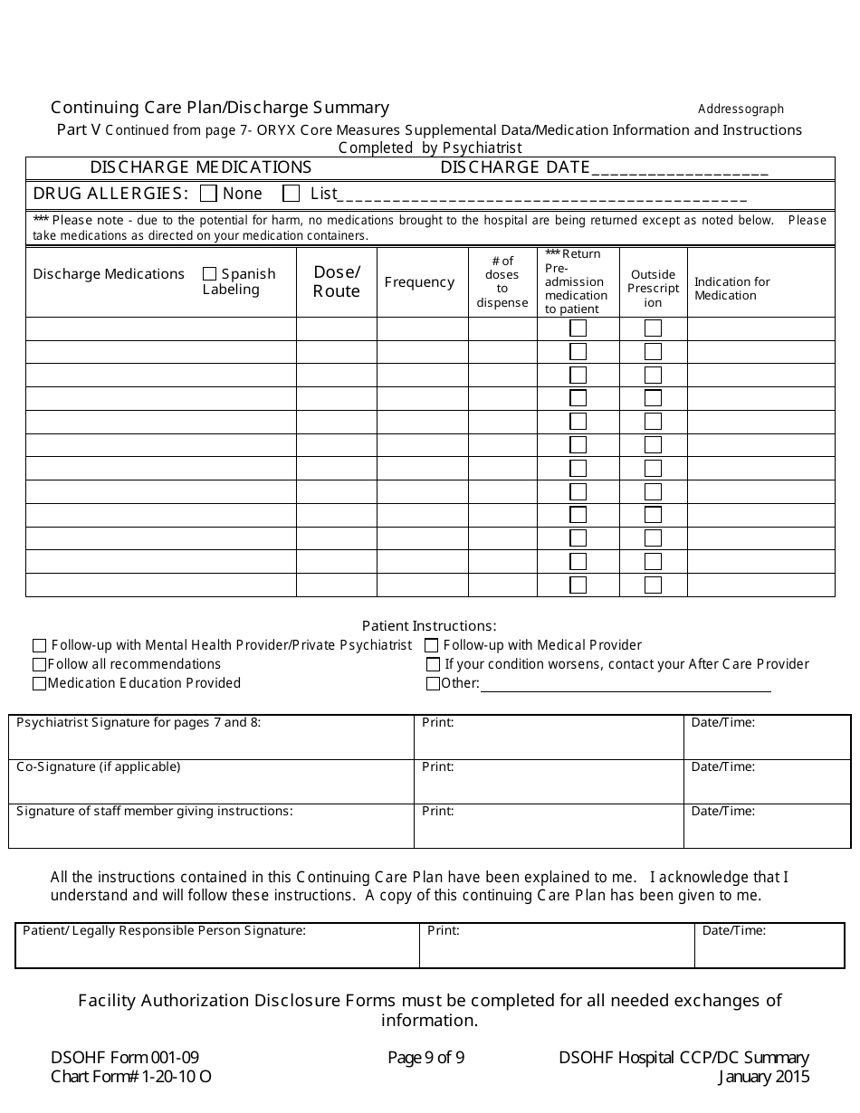 DSOHF Form 001-09 Continuing Care Plan / Discharge Summary - North Carolina, Page 9