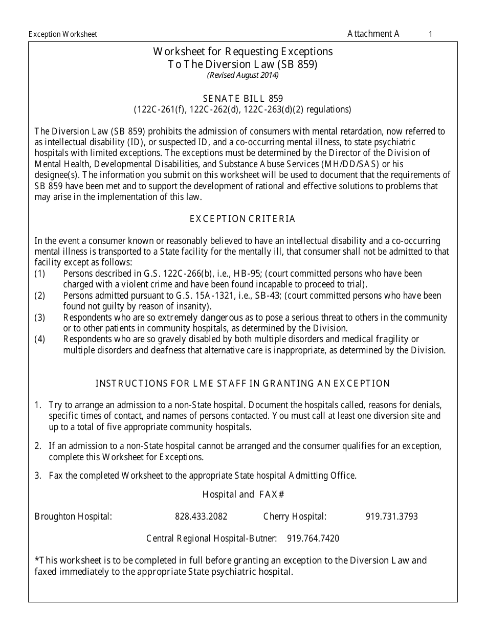 Attachment A Worksheet for Requesting Exceptions to the Diversion Law (Sb 859) - North Carolina, Page 1
