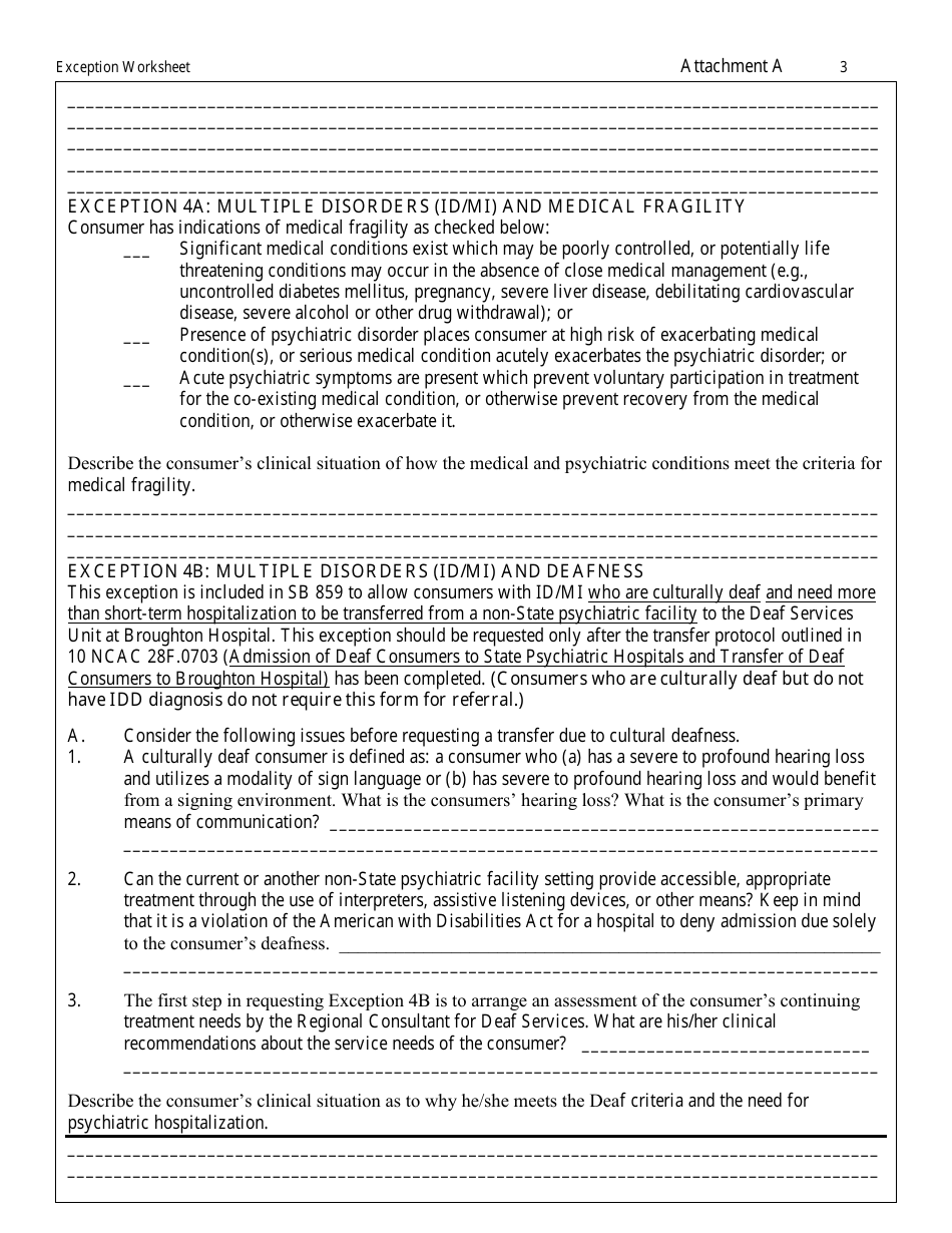 North Carolina Worksheet for Requesting Exceptions to the Diversion Law