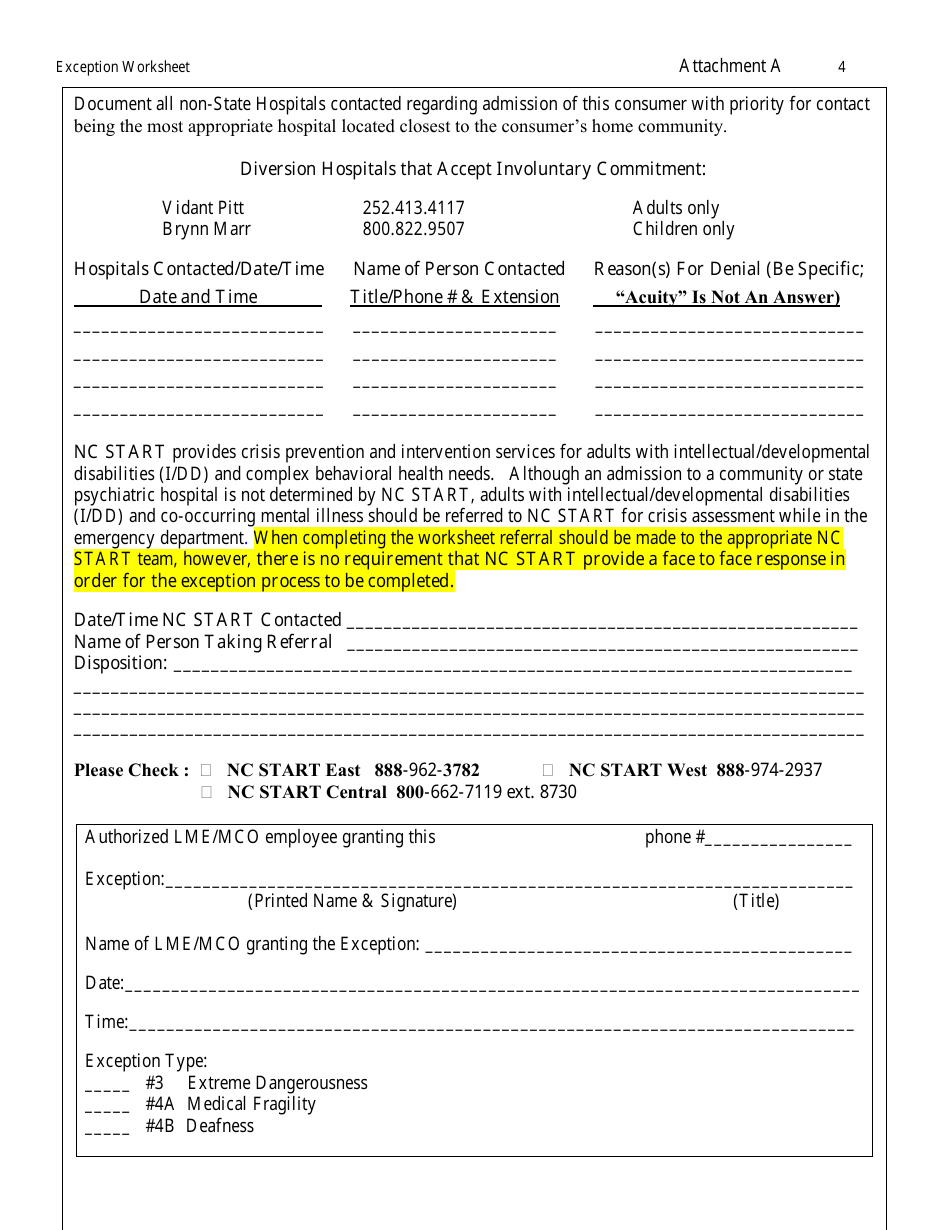 Attachment A Worksheet for Requesting Exceptions to the Diversion Law (Sb 859) - North Carolina, Page 4