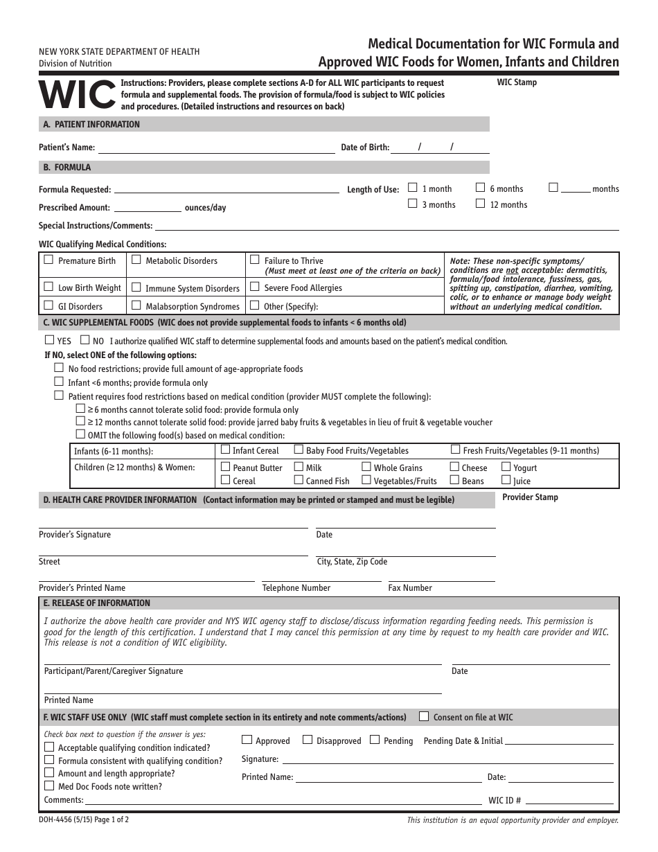 Form DOH-4456 Medical Documentation for Wic Formula and Approved Wic Foods for Women, Infants and Children - New York, Page 1