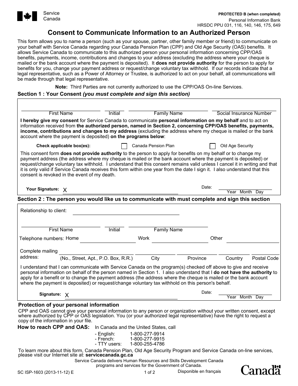 Form SC ISP-1603 Consent to Communicate Information to an Authorized Person - Canada, Page 1