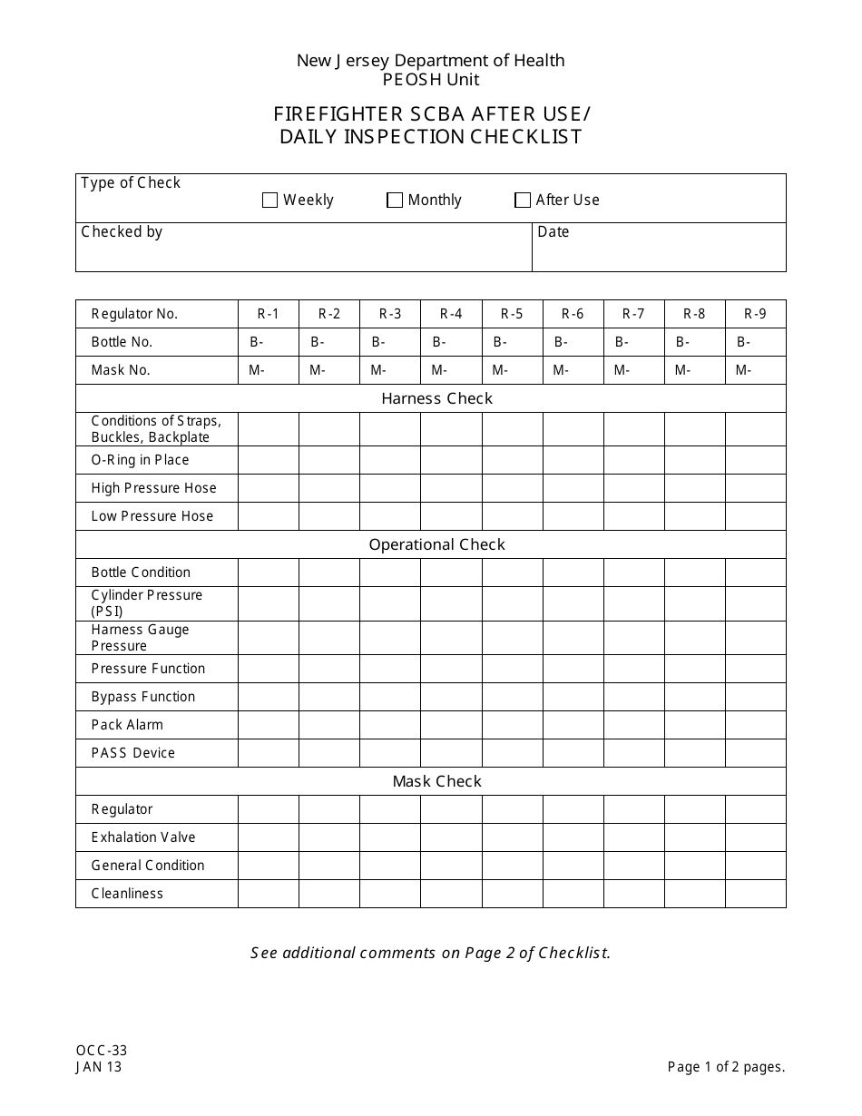 Form OCC-33 Firefighter Scba After Use/Daily Inspection Checklist - New Jersey, Page 1