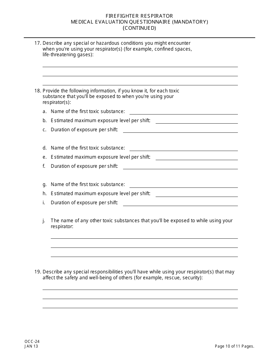 Form OCC-24 Firefighter Respirator Medical Evaluation Questionnaire - New Jersey, Page 10