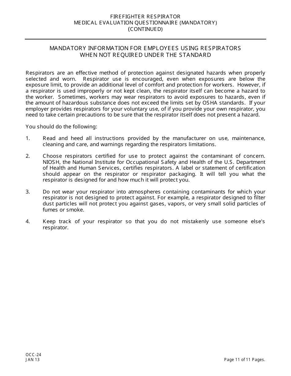 Form OCC-24 Firefighter Respirator Medical Evaluation Questionnaire - New Jersey, Page 11