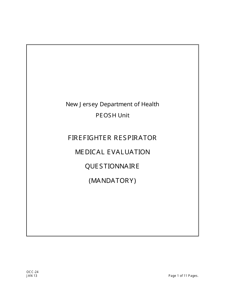 Form OCC-24 Firefighter Respirator Medical Evaluation Questionnaire - New Jersey, Page 1