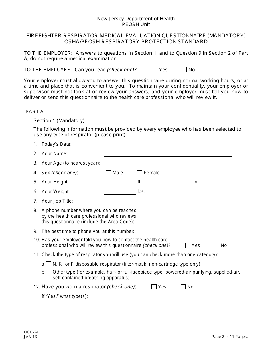Form OCC-24 Firefighter Respirator Medical Evaluation Questionnaire - New Jersey, Page 2