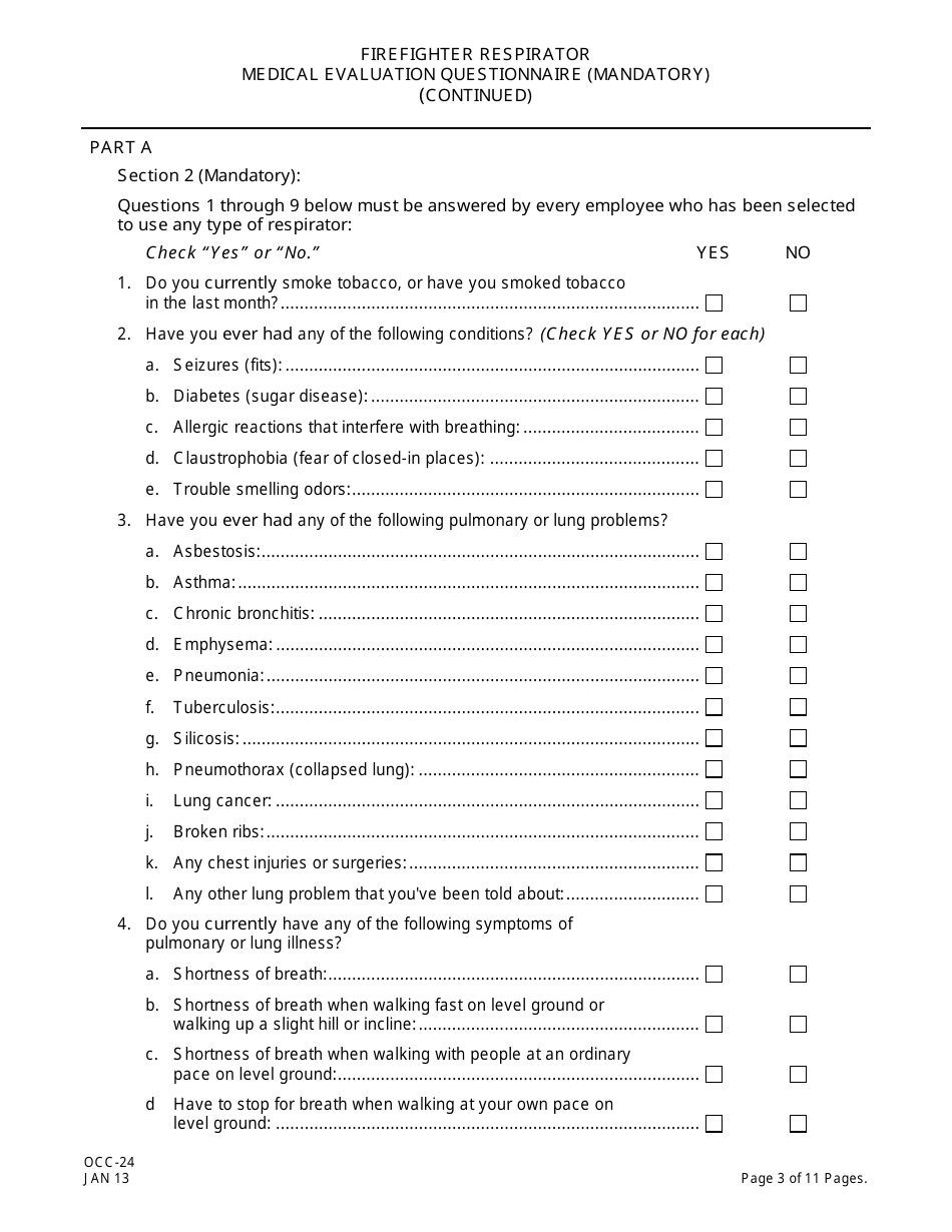 Form OCC-24 Firefighter Respirator Medical Evaluation Questionnaire - New Jersey, Page 3