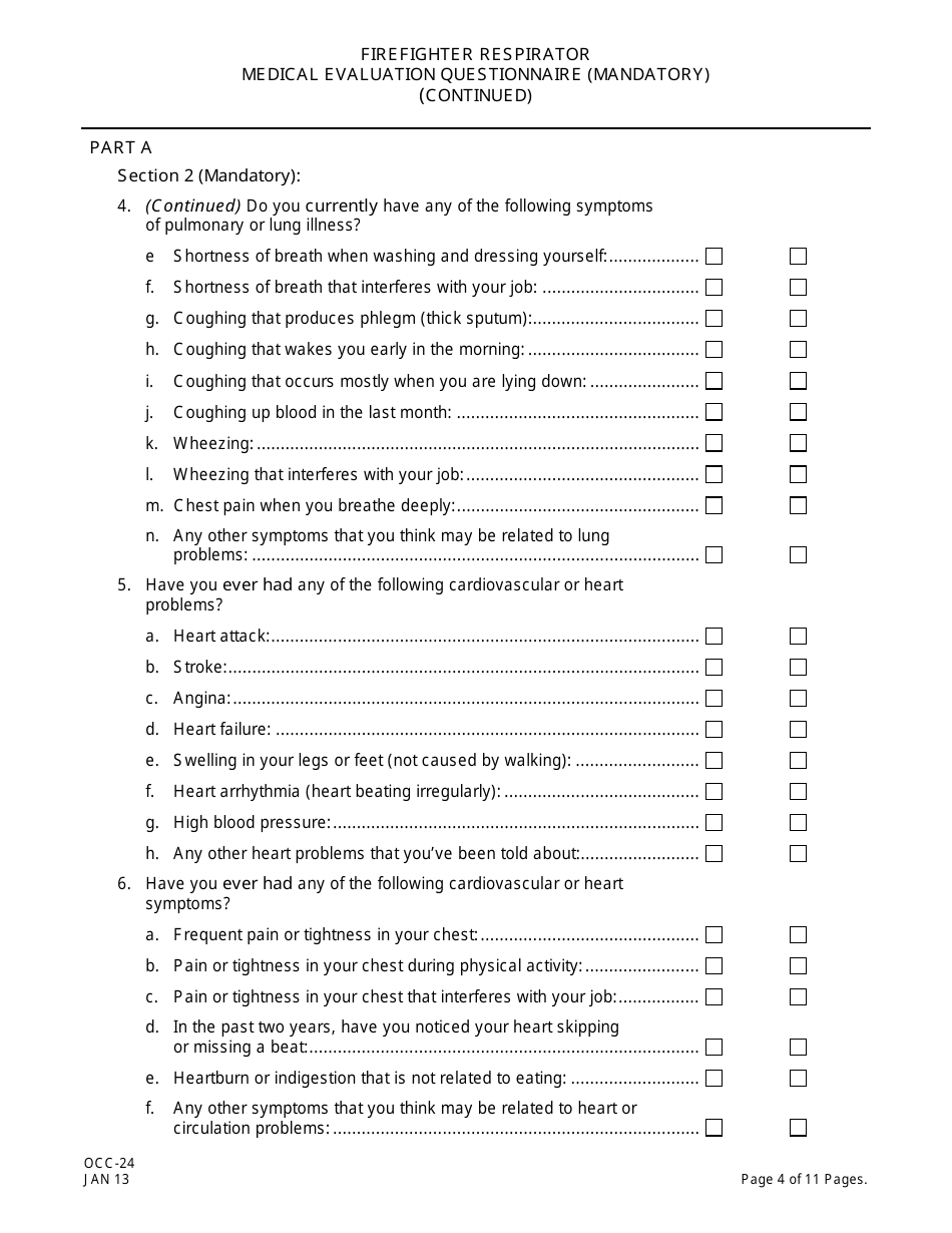 Form OCC-24 Firefighter Respirator Medical Evaluation Questionnaire - New Jersey, Page 4