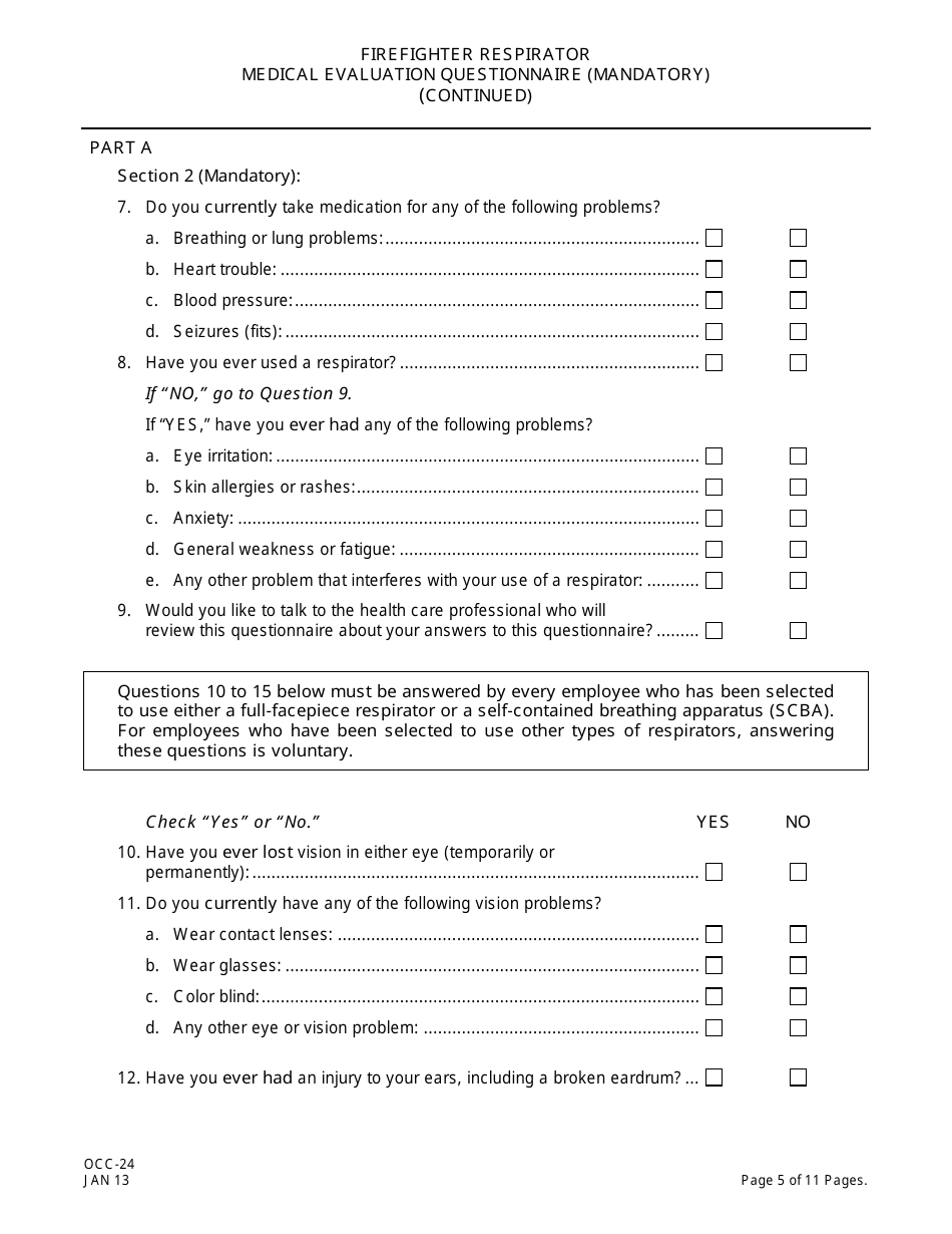 Form OCC-24 Firefighter Respirator Medical Evaluation Questionnaire - New Jersey, Page 5