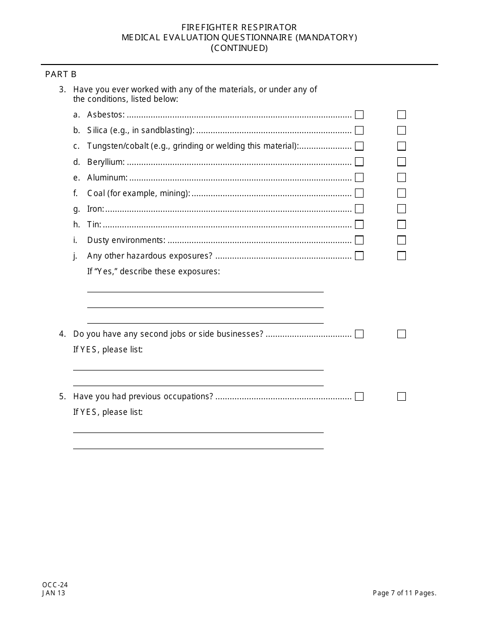 Form OCC-24 Firefighter Respirator Medical Evaluation Questionnaire - New Jersey, Page 7