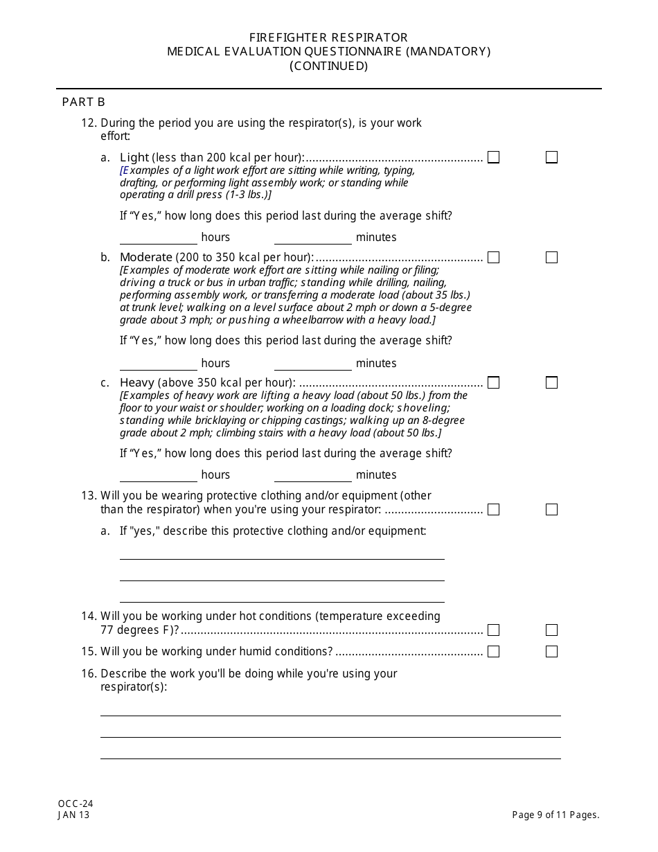 Form OCC-24 Firefighter Respirator Medical Evaluation Questionnaire - New Jersey, Page 9