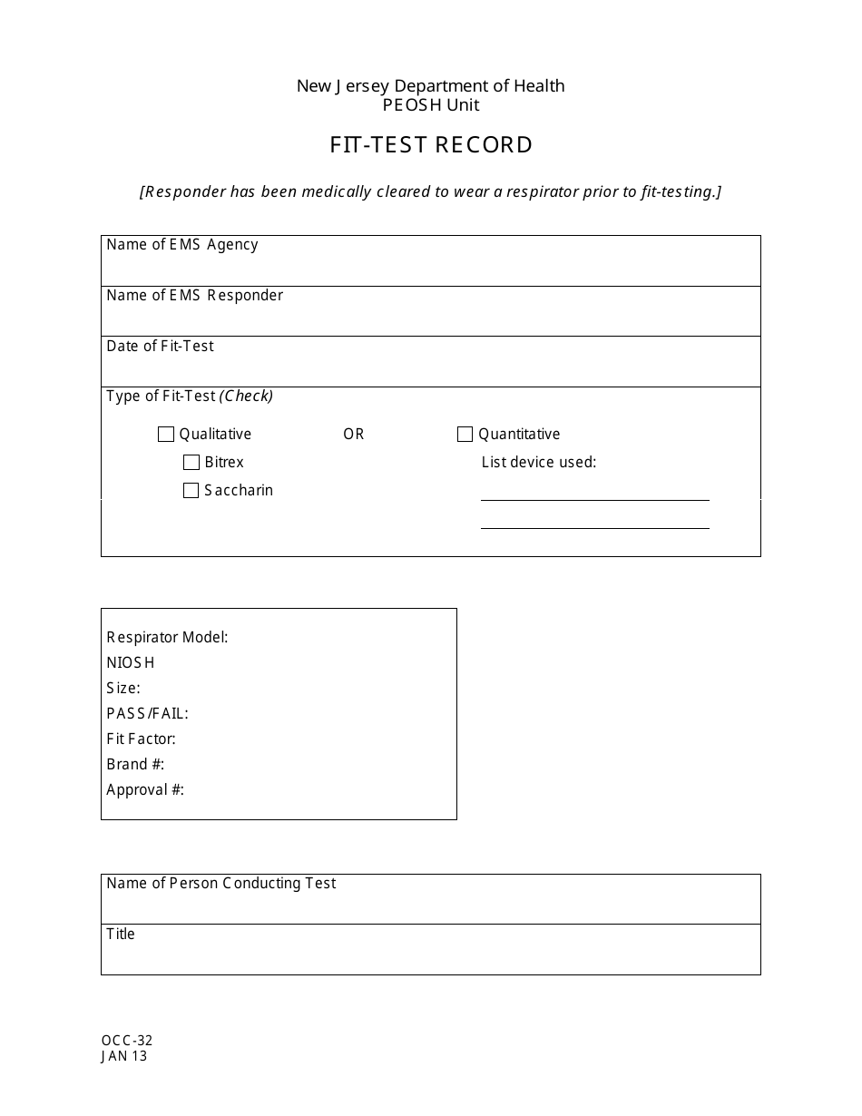 Form OCC-32 Fit-Test Record - New Jersey, Page 1
