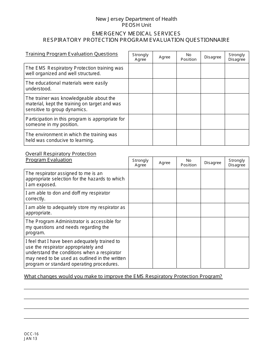 Form OCC-16 Emergency Medical Services Respiratory Protection Program Evaluation Questionnaire - New Jersey, Page 1