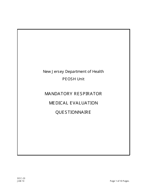Form OCC-23 Peosh Mandatory Respirator Medical Evaluation Questionnaire - New Jersey